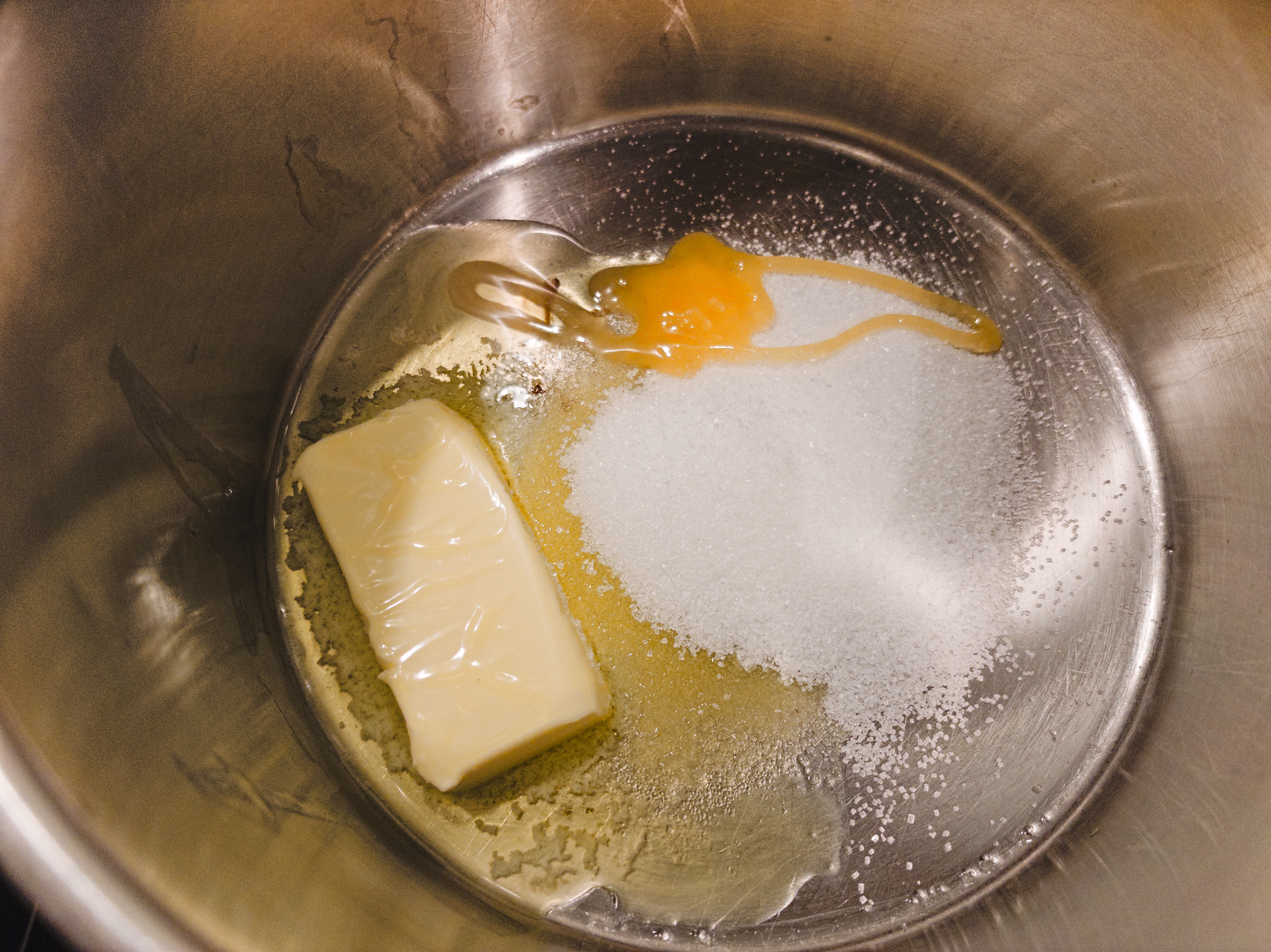 Butter, sugar, and syrup in a pot